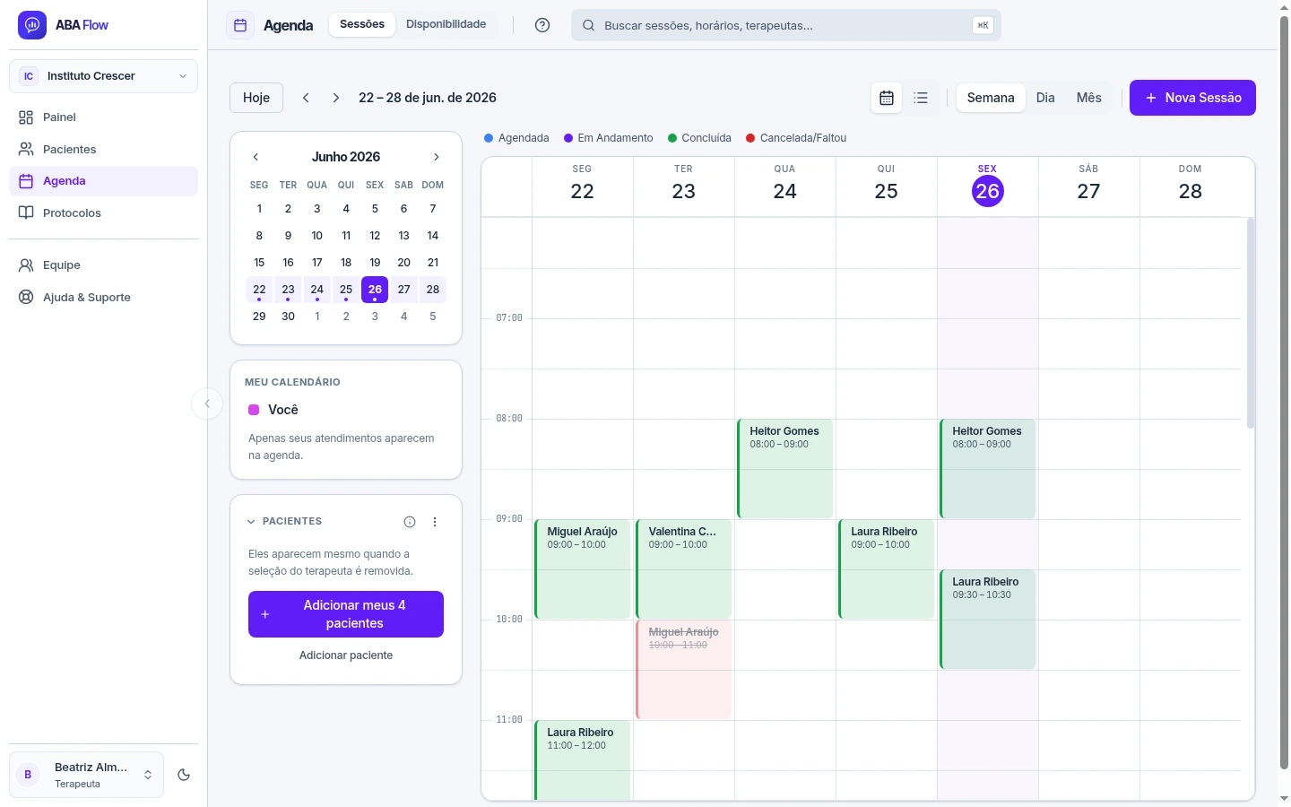 Agenda semanal do ABA Flow com sessões de múltiplos pacientes